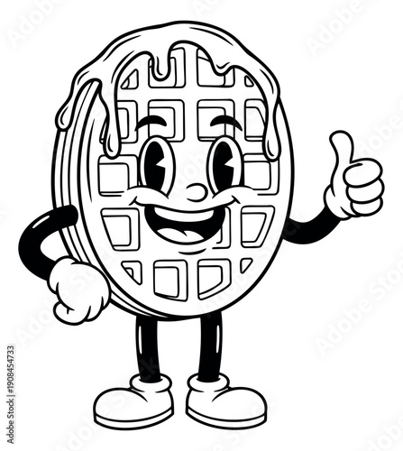 Retro hand drawn line art illustration of a happy waffle character depicting a thumbs up and smiling for breakfast and food branding
