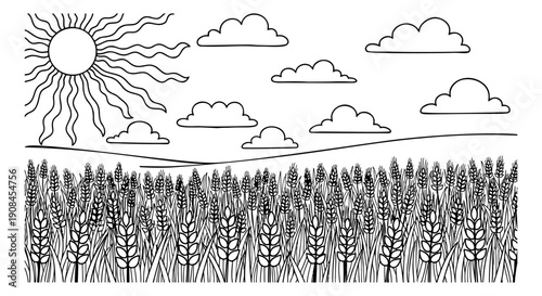 Hand drawn line art illustration of a wheat field depicting a rural landscape under the sun for agriculture