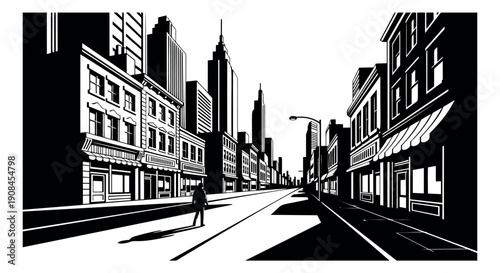 Line art illustration of an urban street scene depicting a lone figure walking for urban exploration themes