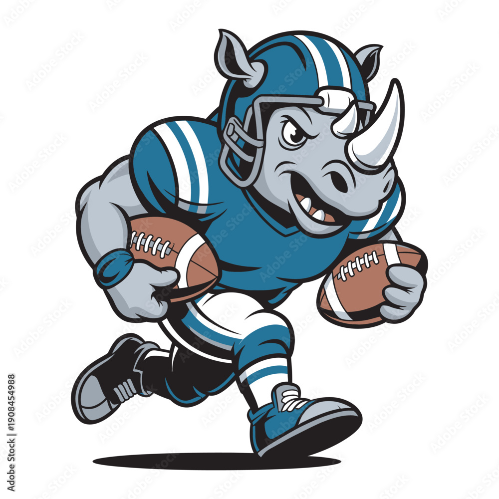 Obraz premium Aggressive cartoon rhino American football player charging forward, dual footballs in motion, fierce mascot style, vibrant vector illustration, energetic sporting character