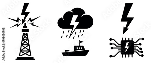 Flat icon danger set featuring lightning strikes on a transmission tower, a boat during a storm, and an electronic circuit for illustrating hazards and warnings