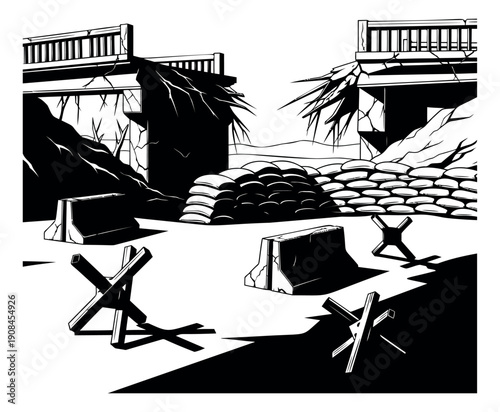 Line art illustration of a fortified war zone depicting destruction and defense for military or conflict themes