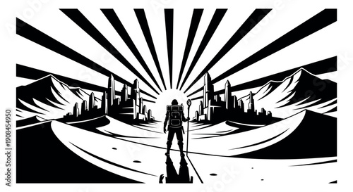 Black and white illustration of an adventurer depicting a journey towards a futuristic city for exploration concepts