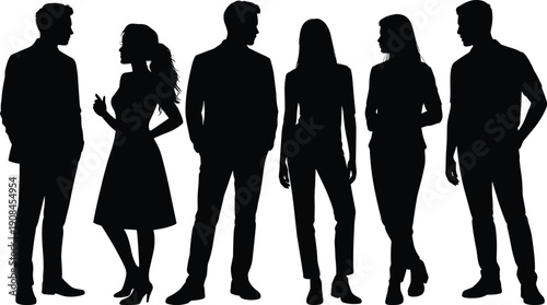 Standing people silhouettes group, men women casual conversation poses, anonymous characters teamwork concept, modern lifestyle diversity, isolated black vector illustration