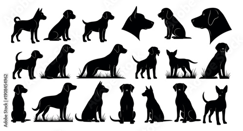 Simple black silhouette dog set featuring various breeds and poses for pet related designs