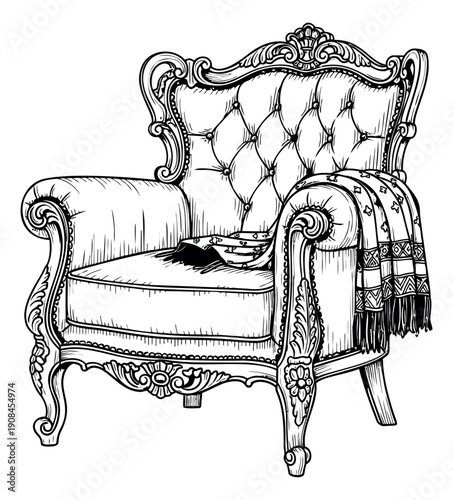 Hand drawn illustration of a luxurious armchair depicting intricate carvings and a draped blanket for elegant home decor