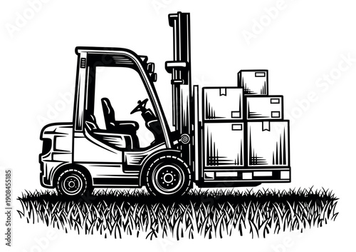 Woodcut style line art illustration of a forklift depicting carrying boxes on a pallet for logistics and shipping