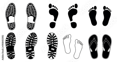 Diverse footprint and shoe print set featuring bare feet, boots, and flip-flops for tracking and navigation concepts