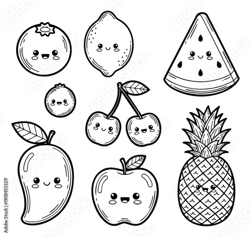 Kawaii hand drawn line art fruit set featuring various fruits with cute smiling faces for healthy eating and kids' designs
