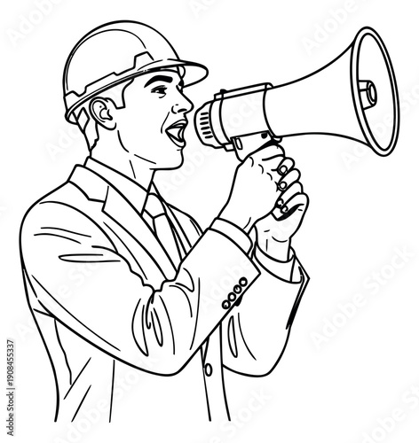 Hand drawn illustration of a man in a hard hat depicting speaking into a megaphone for important announcement