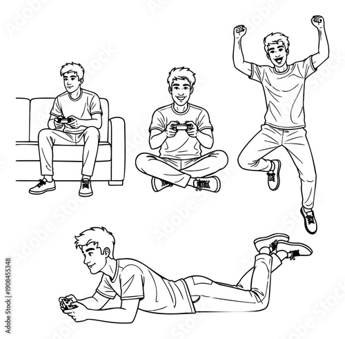 Hand drawn line art young man poses set featuring a gamer playing video games and celebrating for lifestyle and entertainment