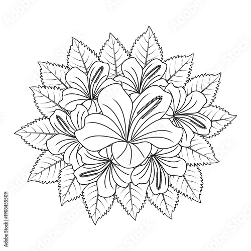 chinese hibiscus flower hand drawn coloring page illustration with line art on isolated background