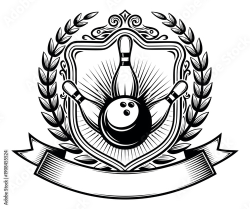 Hand drawn line art illustration of a bowling crest depicting a ball and pins for sports branding