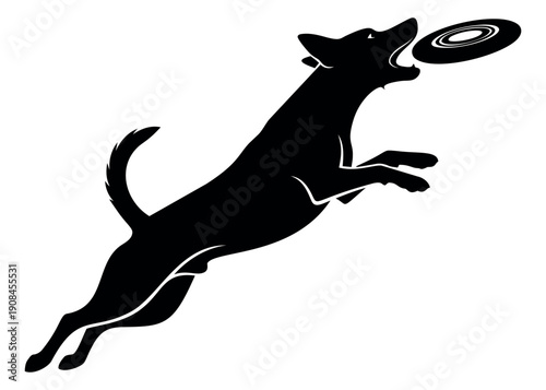 Graphic illustration of a dog depicting it jumping to catch a frisbee for pet playtime designs