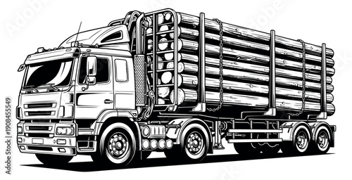 Hand drawn line art illustration of a logging truck depicting logs being transported for forestry and lumber industry designs