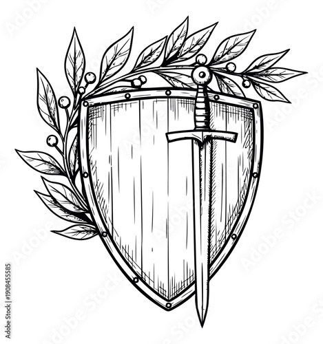 Hand drawn line art illustration of a medieval shield with a sword and laurel wreath depicting protection and honor for historical design