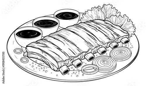 Line art illustration of a plate of ribs depicting a barbecue meal with sauces for restaurant menus