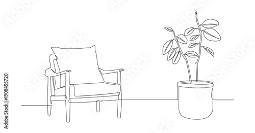 Minimalist monoline illustration of a cozy interior scene featuring a modern armchair and a potted houseplant. Ideal for modern home decor, wall art, posters, Scandinavian interiors, etc.