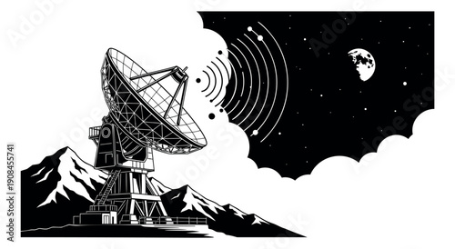 Line art illustration of a radio telescope depicting signal transmission under a night sky for astronomical research
