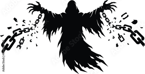 WebScary Grim Reaper Ghost Silhouette Breaking Heavy Iron Chains Representing Freedom Escape from Bondage and Dark Evil Spirit Power Isolated on White Background Illustration