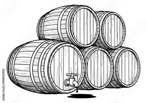 Hand drawn line art illustration of stacked wooden barrels depicting a dripping tap for beverage storage