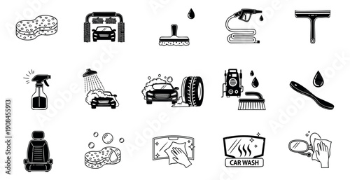 Line art car wash icons set featuring sponges, spray bottles, vehicles, and cleaning tools for automotive care and detailing services