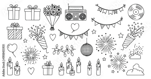 Hand drawn line art party and celebration icons set featuring gifts, fireworks, candles, and garlands for festive events