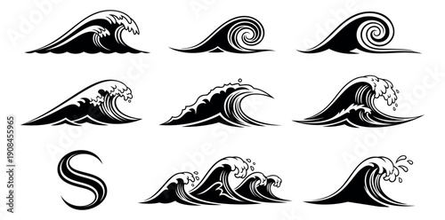 Graphic wave set featuring various ocean waves and water splashes for marine and surf designs