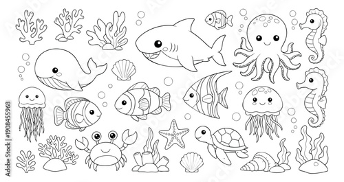 Hand drawn line art sea animals set featuring cute marine creatures and underwater elements for children's activities and designs