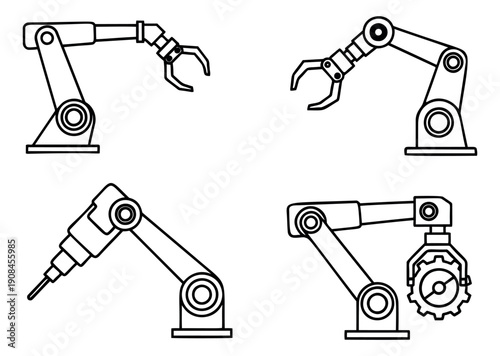 Line art industrial robot arms set featuring various end effectors for industrial automation