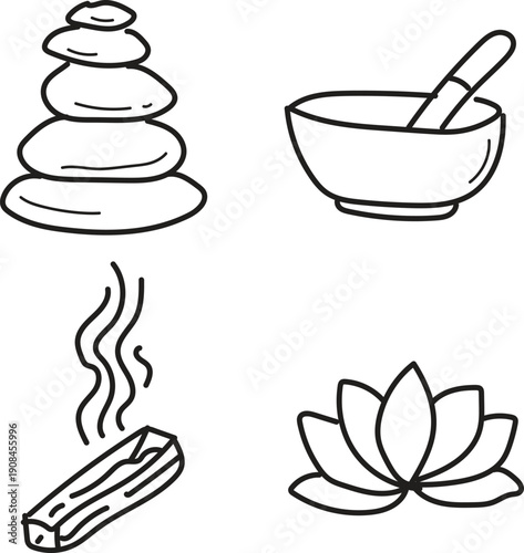 Minimalist Hand Drawn Zen Spa Line Art Set with Lotus Flower