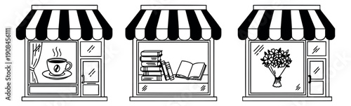 Hand drawn line art storefronts set featuring coffee, books, and flowers for retail concepts
