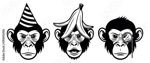 Graphic line art monkey heads set featuring a party hat, banana peel, and a monocle for playful designs