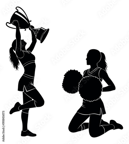 Graphic silhouette cheerleader set featuring triumphant and cheering poses for sports and competition