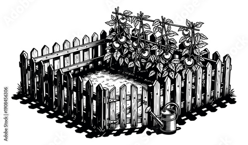 Woodcut style illustration of a small garden depicting growing tomatoes and a watering can for gardening concepts