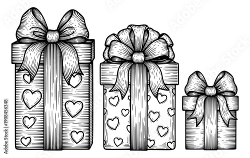 Vintage hand drawn line art gift box set featuring decorative bows and heart patterns for celebrations