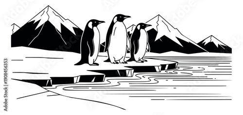Hand drawn line art illustration of antarctic penguins depicting them standing on an ice floe in a cold landscape for wilderness and environment themes