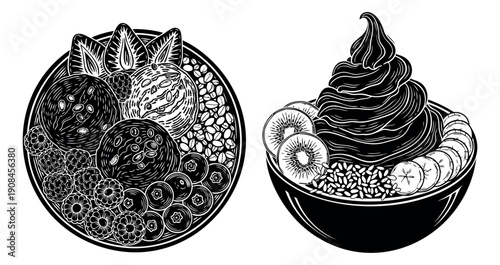Hand drawn line art smoothie bowl set featuring fresh fruits, granola, and acai for a healthy breakfast or dessert menu