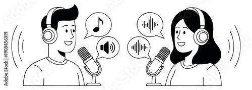 Hand drawn line art illustration of a man and woman depicting recording a podcast for audio broadcasting and online communication