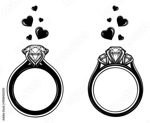Black and white line art diamond ring set featuring single and three-stone engagement rings with floating hearts for love and romance concepts