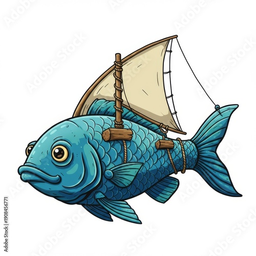 Fantasy Illustration of a Blue Fish with Sail on Back Isolated on White Background