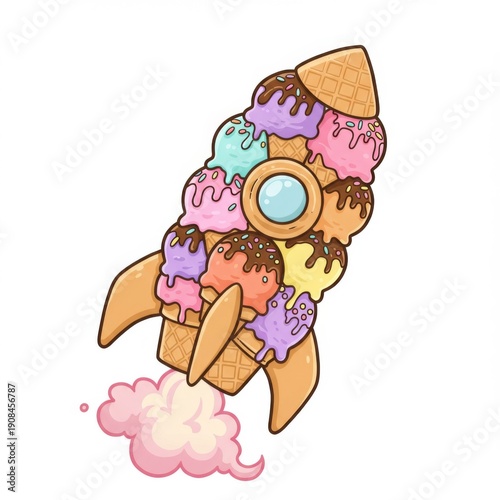 Colorful Ice Cream Rocket Illustration with Waffle Cone and Sweet Flavors in White Background