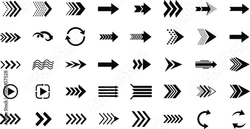 Black arrow icon set featuring directional pointers, motion graphics, play buttons, refresh symbols, navigation cursors, geometric chevron shapes,