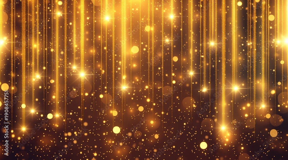 Obraz premium Abstract golden lights and sparkling particles fall vertically expressing luxury celebration joy elegance and festive atmosphere in a bright glowing background.