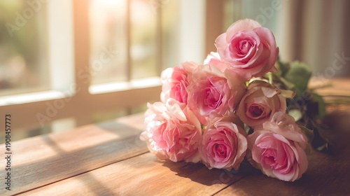 A beautiful bouquet of pink roses rests on a wooden table near a window with soft sunlight.