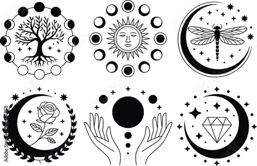 Mystical celestial illustration collection, moon phase artwork, spiritual nature design, cosmic energy concept, symbolic fantasy graphics, magical transformation icons