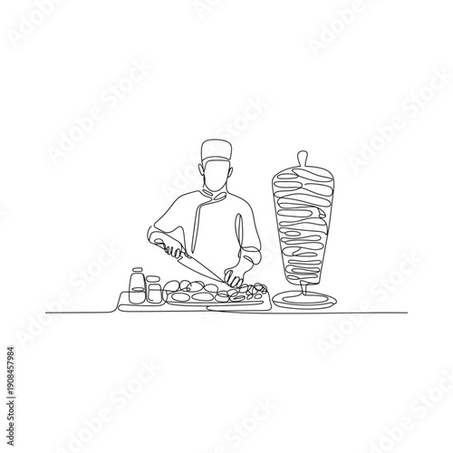 A single continuous line drawing of a chef preparing delicious gyro meat