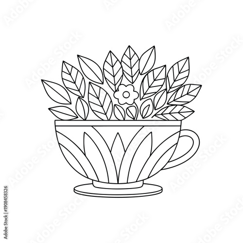 Line drawing of a teacup with leaves and a flower in it  simple illustration