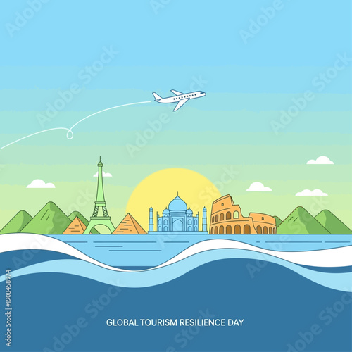 Vibrant illustration for Global Tourism Resilience Day. An airplane soars over iconic world landmarks, symbolizing international travel and the spirit of exploration