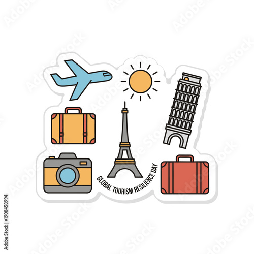 Global Tourism Resilience Day - Iconic Landmarks, Travel Essentials, and Sunny Skies Sticker Pack